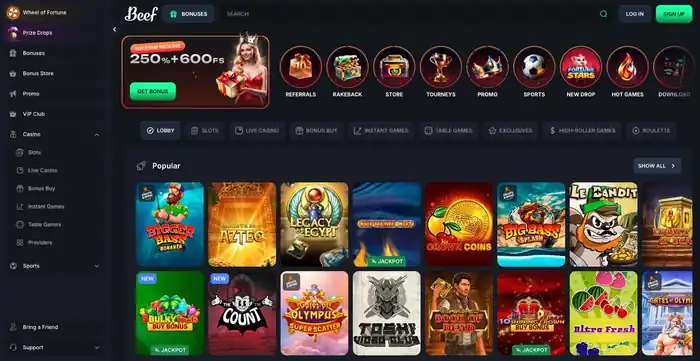 screenshot for the beef casino review highlighting slot variety and crypto payments.